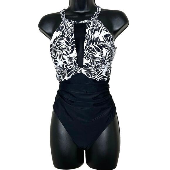 NWT Tempt Me Women’s High Neck Ruched One Piece Swimsuit Black Leaves Size M - Picture 3 of 8